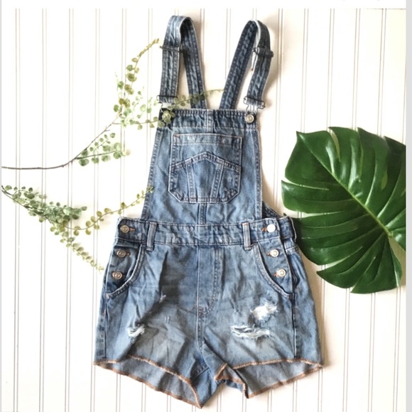 Pants - Distressed overall shorts jean denim blue strap